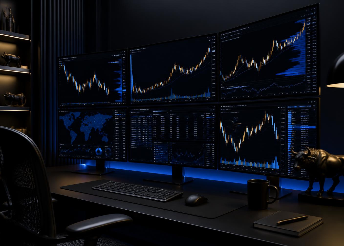 Multi-monitor trading desk with live candlestick charts