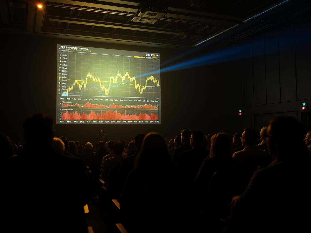 Trading seminar with a large market chart projection